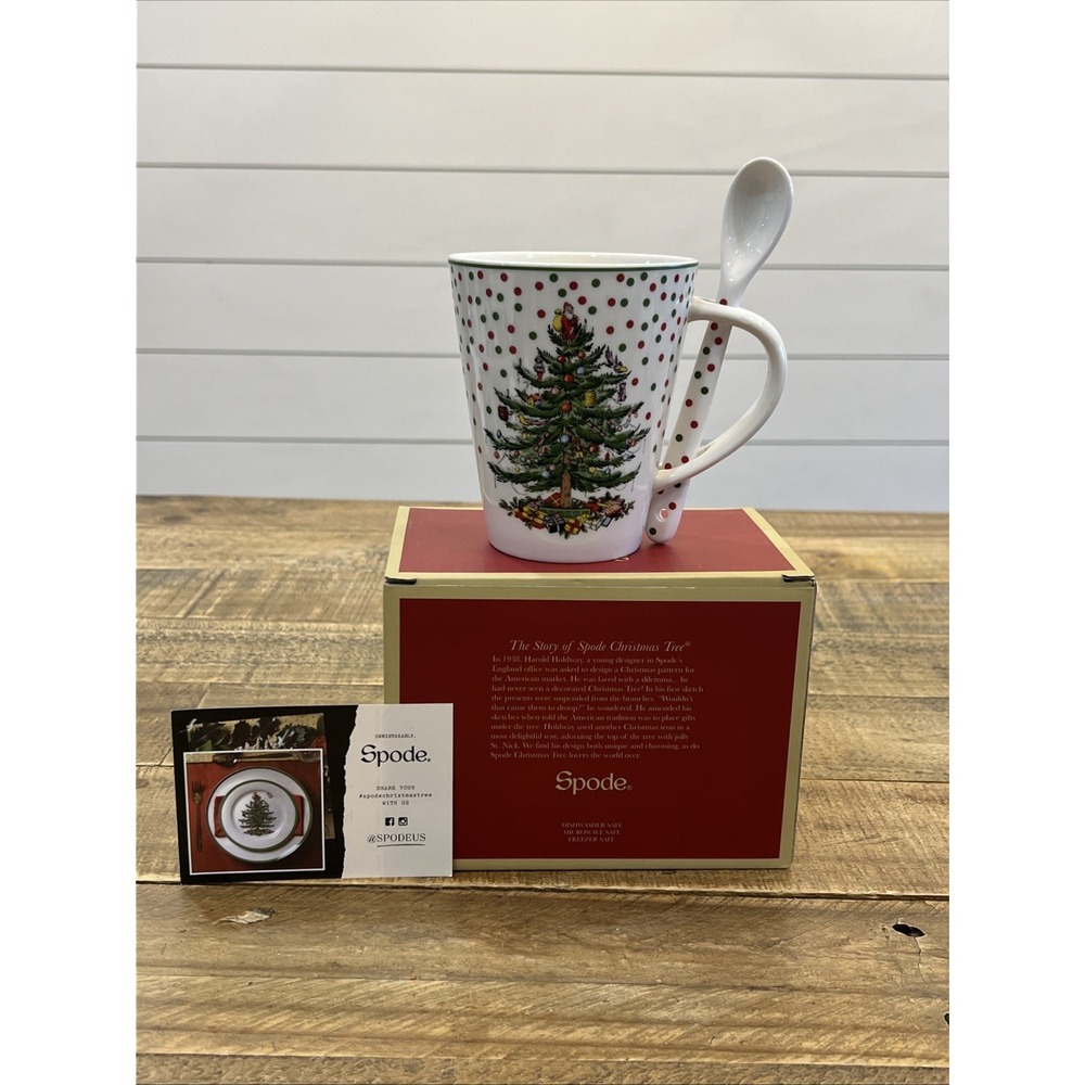 Spode Polka Dot Christmas Tree Mug and Spoon Set 14 Fluid Ounces